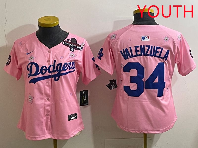 Youth Los Angeles Dodgers #34 Valenzuela Pink Sakura Edition 2025 Nike MLB Jersey style 37